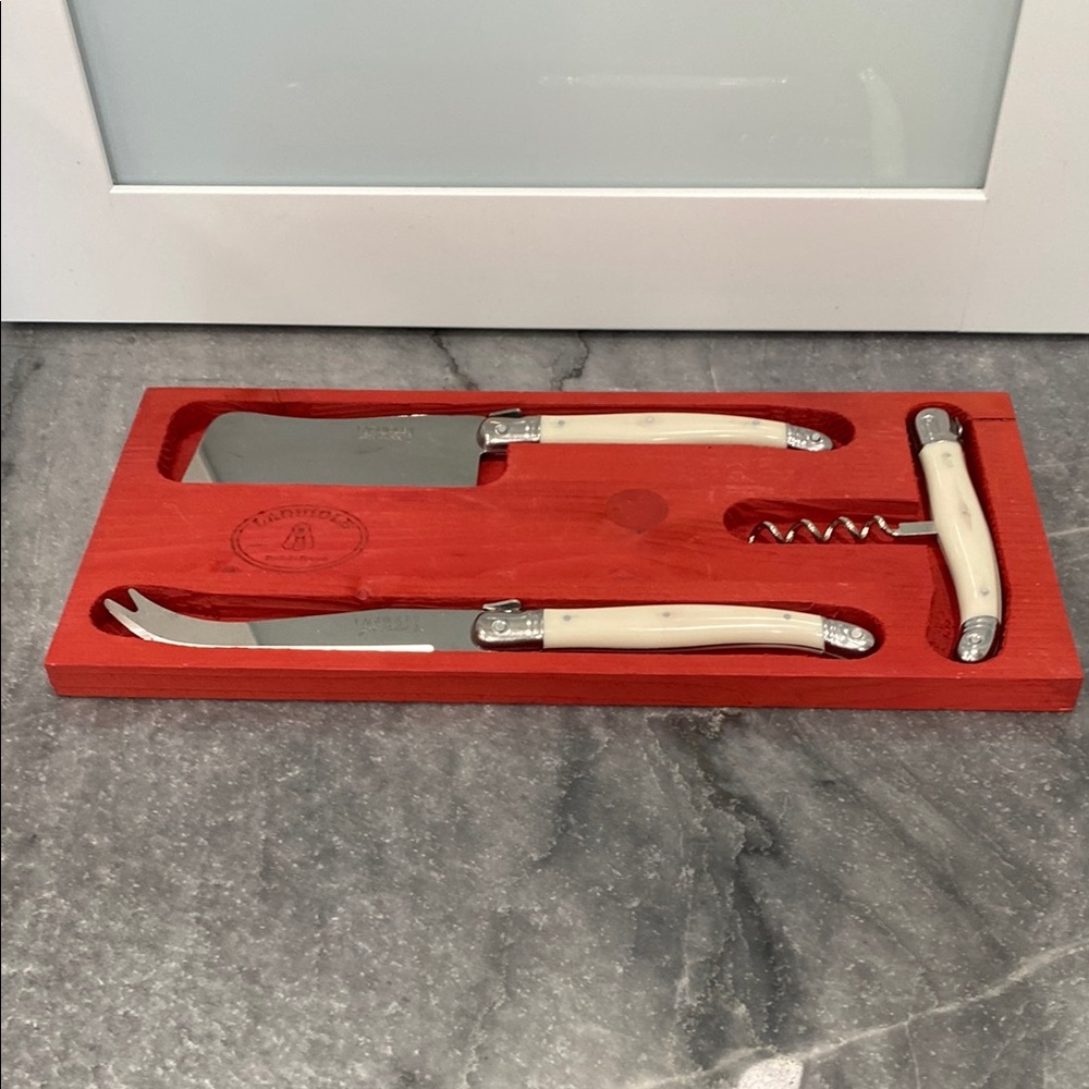 Laguiole -Jean Dubost Ivory Handle Cheese Knife Set w/Corkscrew made in France